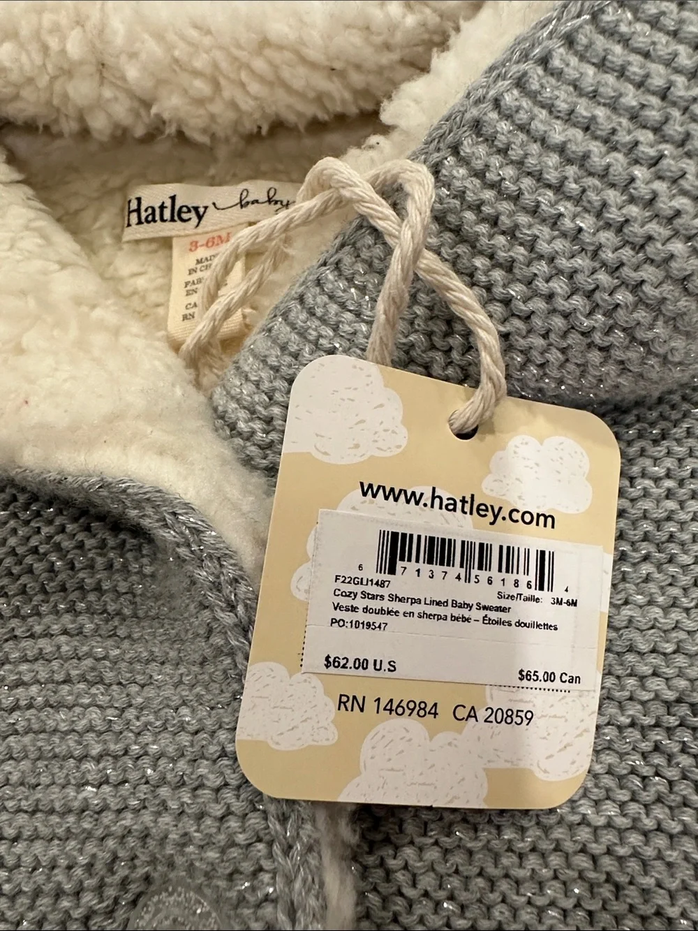 Hatley Baby Cozy Stars Sherpa Lined Sweater Grey Knit Hooded Cardigan 3-6M NWT